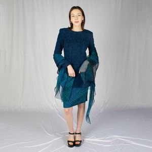 Vintage 90s | Galanos Blue Top and Skirt with Scarf | Bust 34 | VTG Vintage